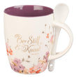 Load image into Gallery viewer, Be Still & Know Psalm 46:10 Purple Floral Ceramic Coffee Mug with Spoon